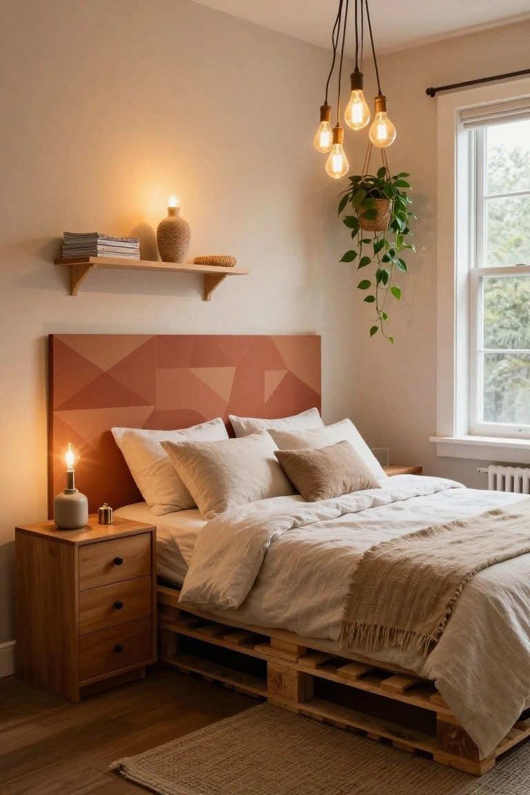 Bedroom with wooden pallet bed platform, geometric beige and rust headboard, wooden nightstand with lamp, pendant lights overhead, shelf with vase and books, hanging plant by window.