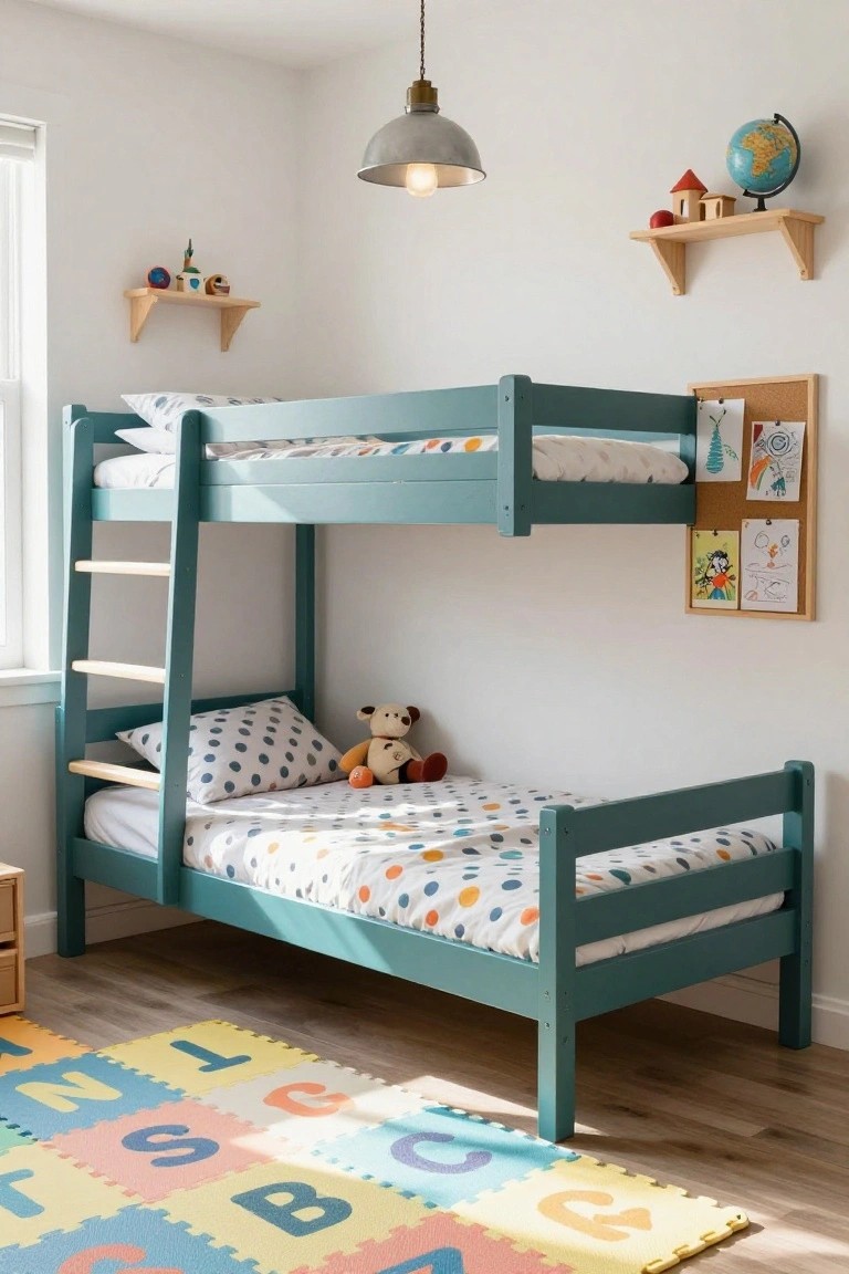 Teal painted wooden bunk bed in a children's bedroom with white walls, wooden shelves holding toys, corkboard, globe, pendant light, and alphabet foam floor mat.