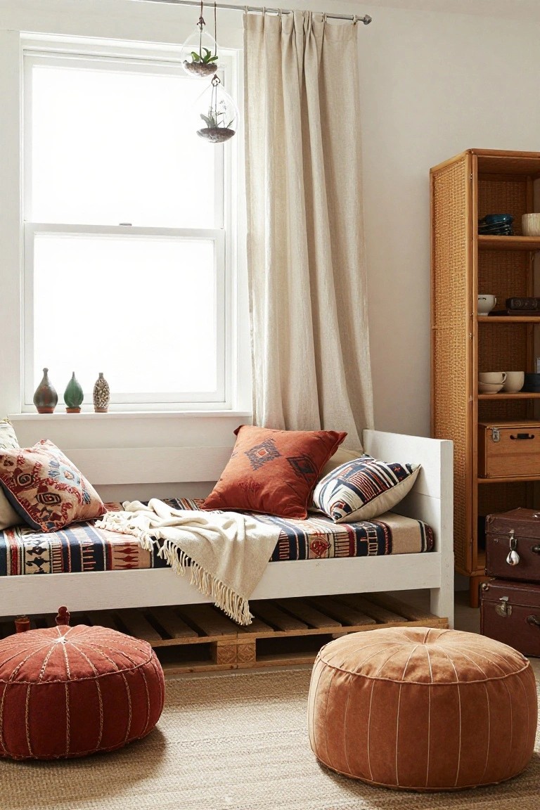 Cozy white daybed with patterned pillows, rust poufs, and woven cabinet.