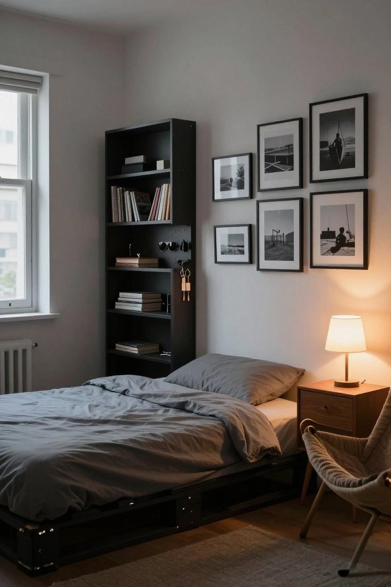 A bedroom with a low black wooden pallet bed frame topped by gray bedding, a black bookshelf with books, framed black-and-white photos on the wall, a wooden nightstand with lamp, and a rattan chair on a wooden floor.