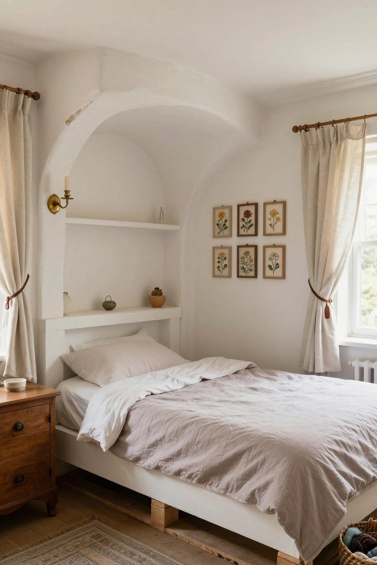 Bedroom with platform bed on stacked wooden pallets, beige linen bedding, wooden nightstand, arched white wall niche with shelves and pottery, botanical prints, and linen curtains on windows.