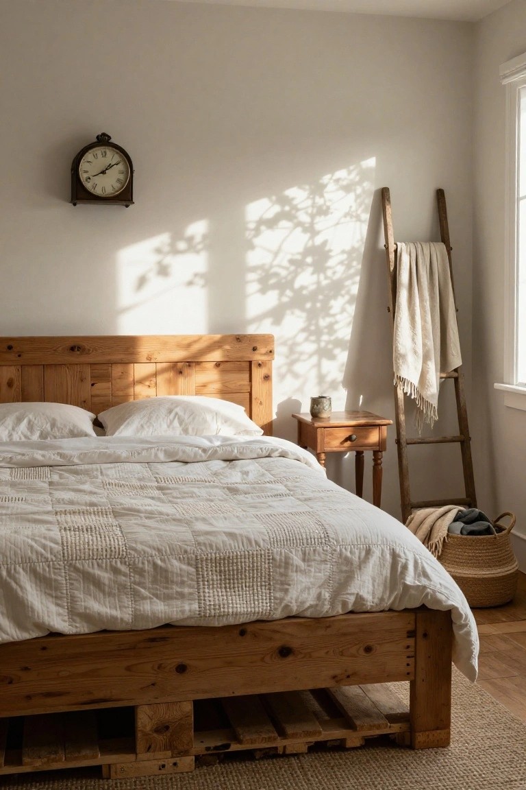 Bedroom with a low wooden bed frame built on pallets, white quilted bedding and pillows, wooden nightstand with ceramic mug, antique wall clock, ladder holding white towels, seagrass basket on floor, and sunlight through window on white walls.