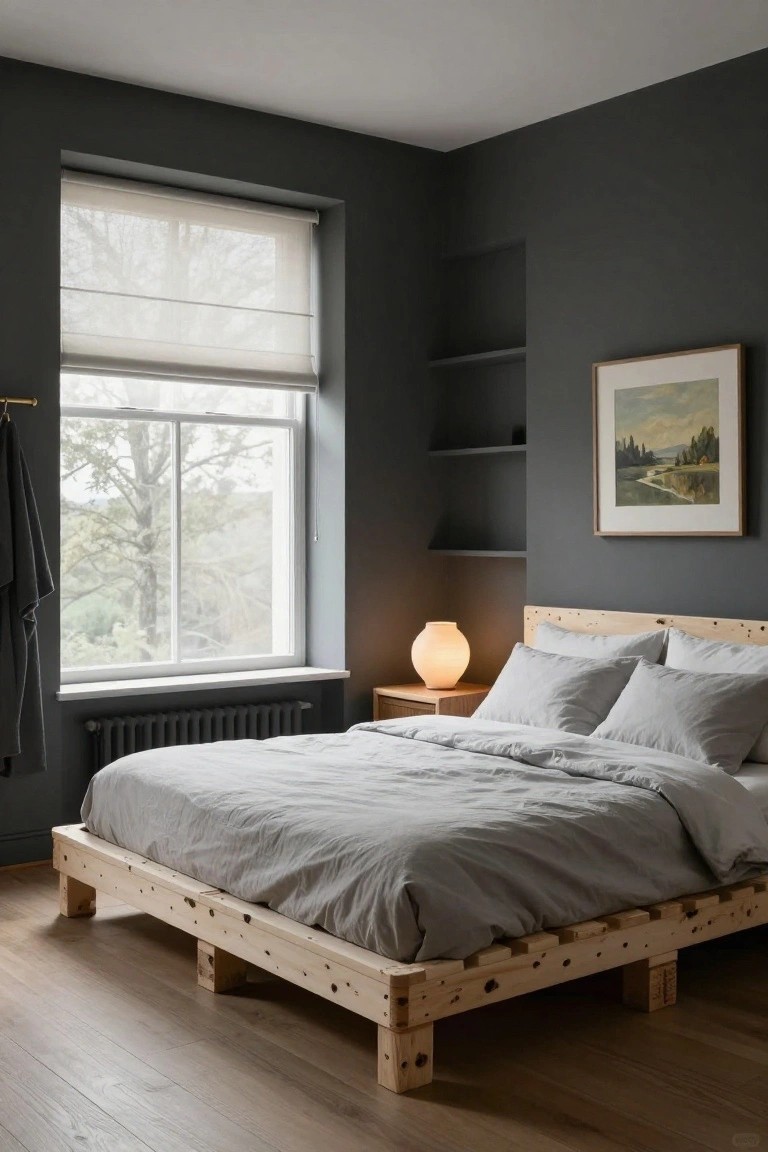 Corner of a gray bedroom with a low platform bed made from stacked wooden pallets, gray linen bedding, wooden nightstand with ceramic lamp, large window with sheer blinds overlooking trees, and wall shelves.