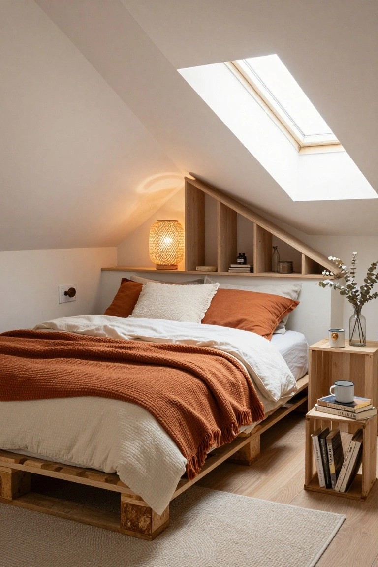 Attic bedroom with sloped white ceiling, skylight, wooden pallet bed frame topped with white sheets and orange blanket, wooden side table with books and mug, and built-in wooden shelving.