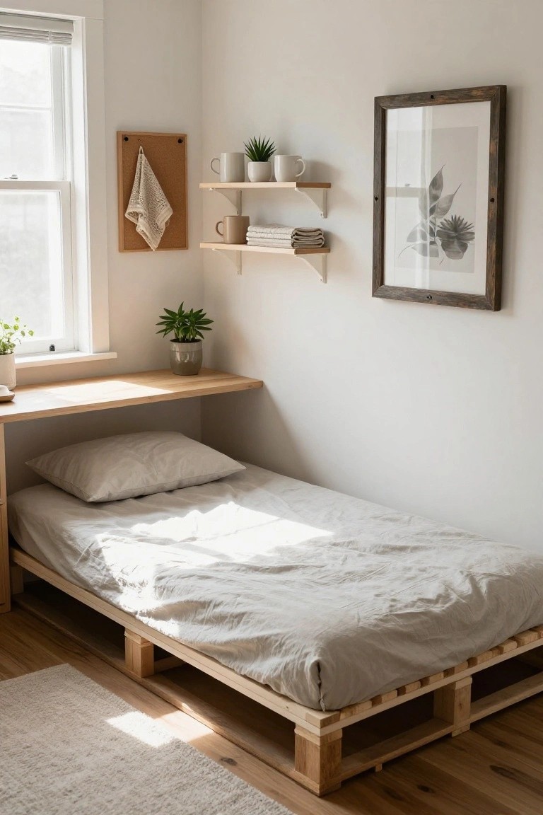 A sunlit minimalist bedroom corner with a low platform bed frame made from stacked wooden pallets and topped with white linens and pillows, next to a wooden floating desk, shelves holding plants and ceramic mugs, and a corkboard with a cloth towel.