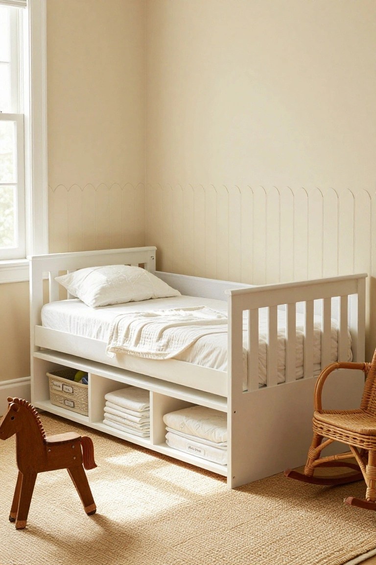 White wooden toddler bed frame with slatted sides and open under-bed storage cubbies holding toys, baskets, and linens in a beige nursery room with a rocking horse on the seagrass rug.