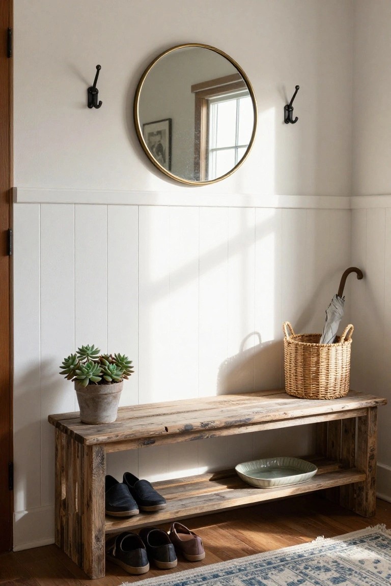 Entryway corner with reclaimed wood pallet bench storing black loafers and brown shoes on lower shelf, potted succulent plant, wicker basket holding gray umbrella, round gold mirror, and black coat hooks on white wainscoted walls above hardwood floor and blue rug.