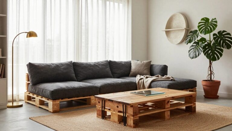 Modern living room with gray L-shaped sofa on pallet base, reclaimed wood coffee table with glass inset and black hairpin legs, potted monstera plant next to gold arc lamp, sheer curtains on windows, and beige jute rug on concrete floor.