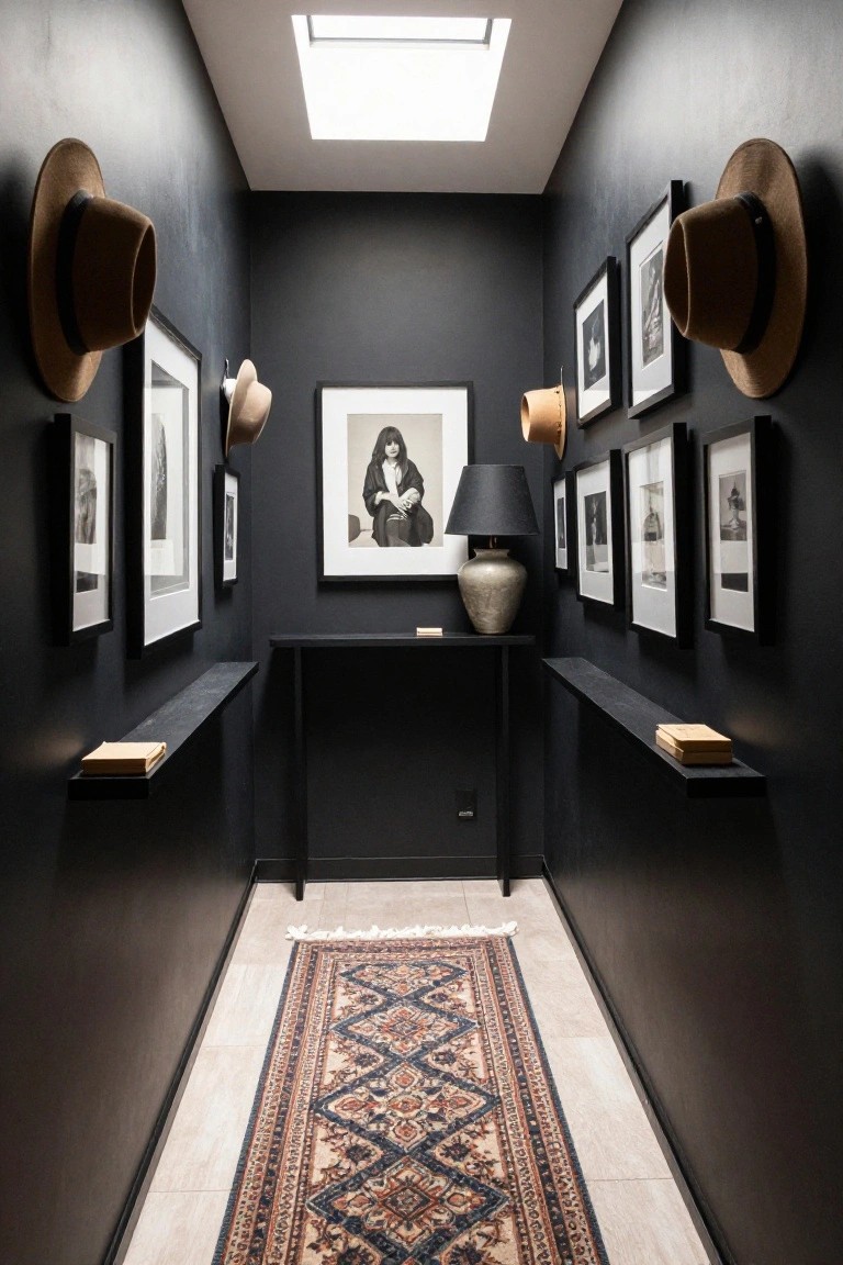 Narrow dark hallway with black walls, central slim black console table, floating wood shelves with books on both sides, multiple hats hung on walls, black-and-white framed photos, a table lamp and vase on the console, and a patterned runner rug on the floor.