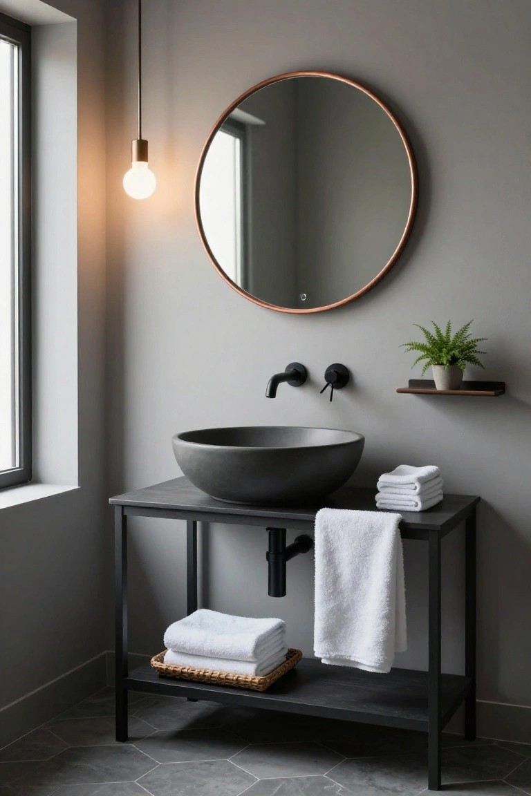 Gray bathroom corner with black metal table vanity holding matte black vessel sink, wall-mounted black faucet, folded white towels, rattan basket on shelf, potted plant on wall shelf, round copper mirror, pendant light, and hexagonal gray floor tiles.