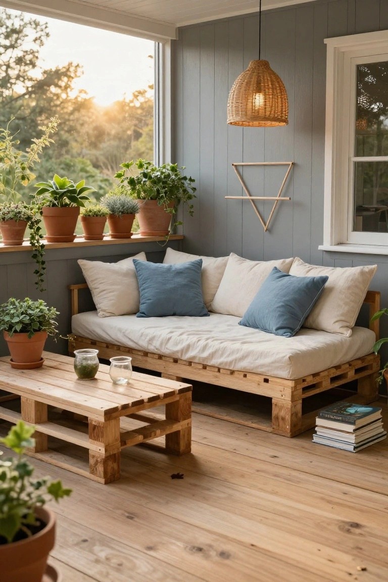 Wooden pallet daybed sofa with white bedding and blue pillows on a covered porch, paired with pallet coffee table holding glasses and stacked books, surrounded by potted plants, woven hanging lamp, gray wall, and window view to trees.