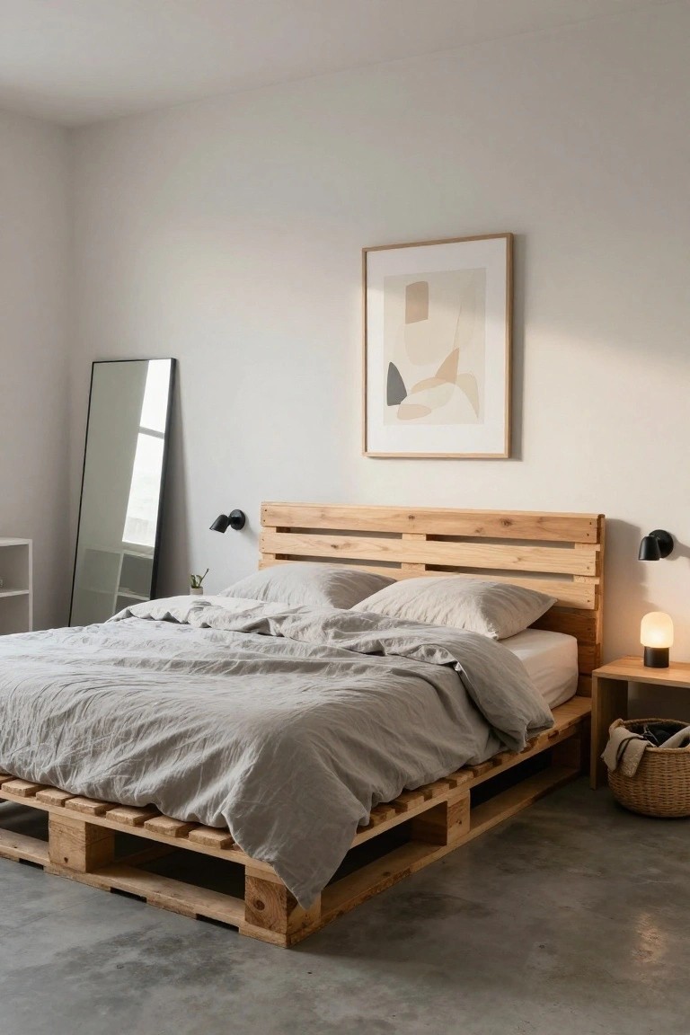 Bedroom with wooden pallet bed frame and headboard, gray linen bedding, bedside table with lamp, black wall sconces, tall black mirror, and white walls on concrete floor.