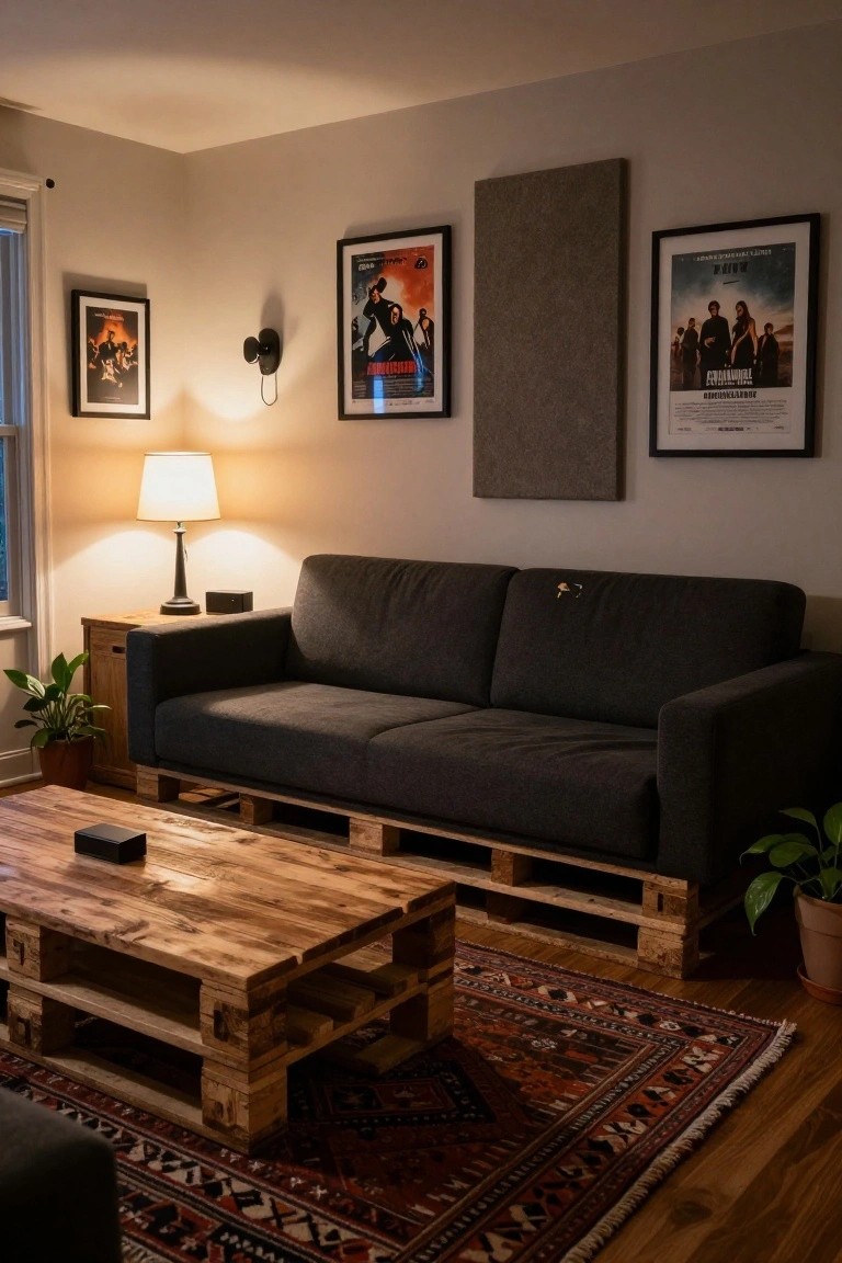 Living room with gray sofa on wooden pallet bases, pallet-style coffee table with wooden top, table lamp on side table, potted plants, framed movie posters, acoustic panel, and patterned rug on hardwood floor.