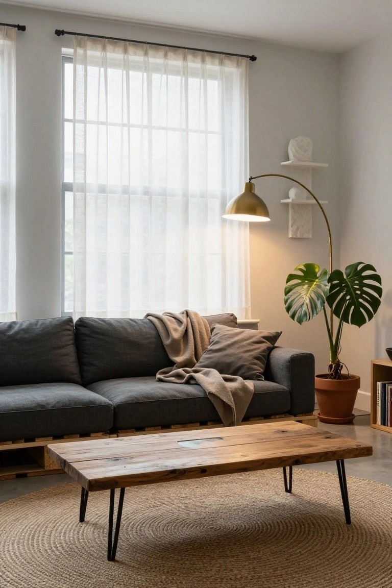 Modern living room with gray L-shaped sofa on pallet base, reclaimed wood coffee table with glass inset and black hairpin legs, potted monstera plant next to gold arc lamp, sheer curtains on windows, and beige jute rug on concrete floor.
