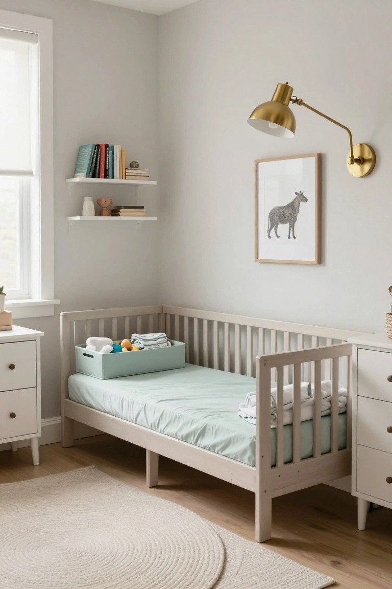 Nursery corner with white wooden slatted crib on mint green sheets, teal toy basket on mattress, white dresser nearby, floating shelves with books and toys, gold adjustable wall lamp, and gray walls.