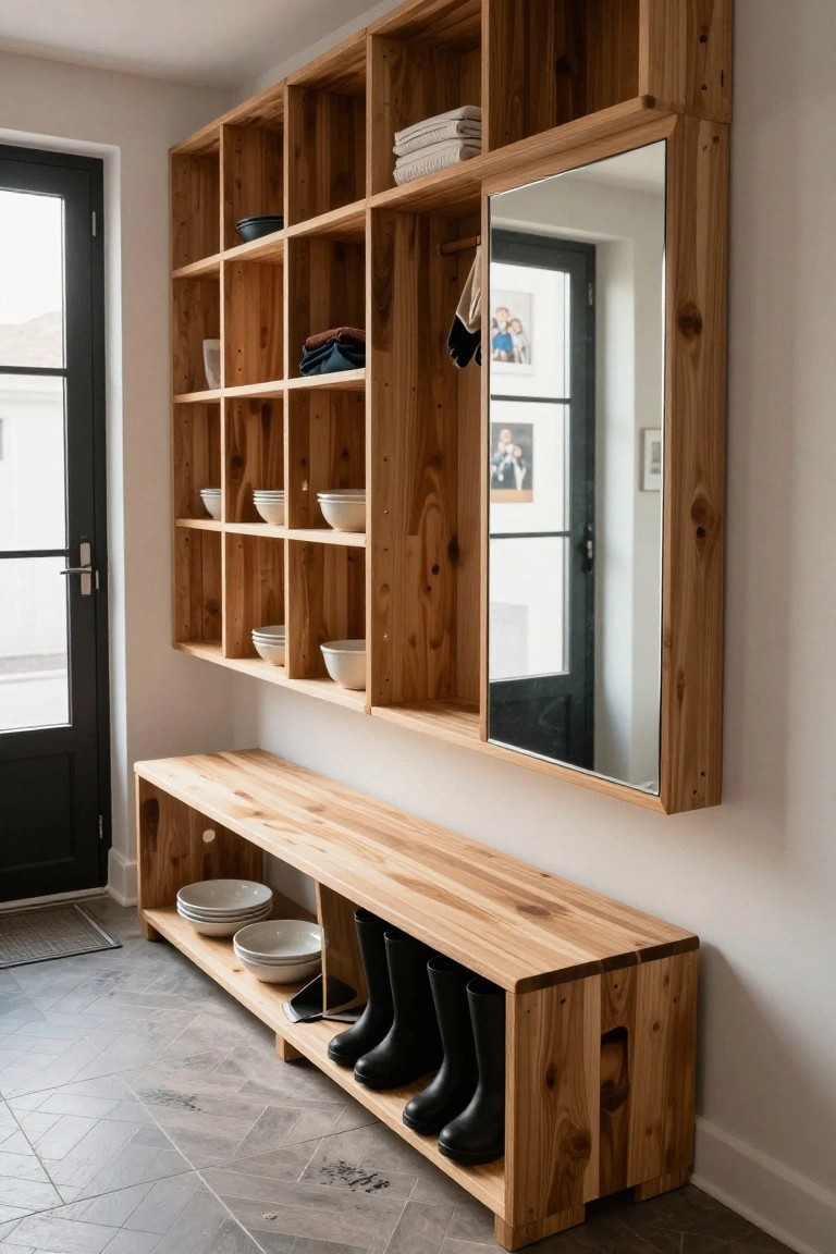 Wooden open shelving unit mounted on a wall in an entryway with a built-in bench below holding rubber boots, white bowls on shelves, towels folded above, and a full-length mirror on one side.