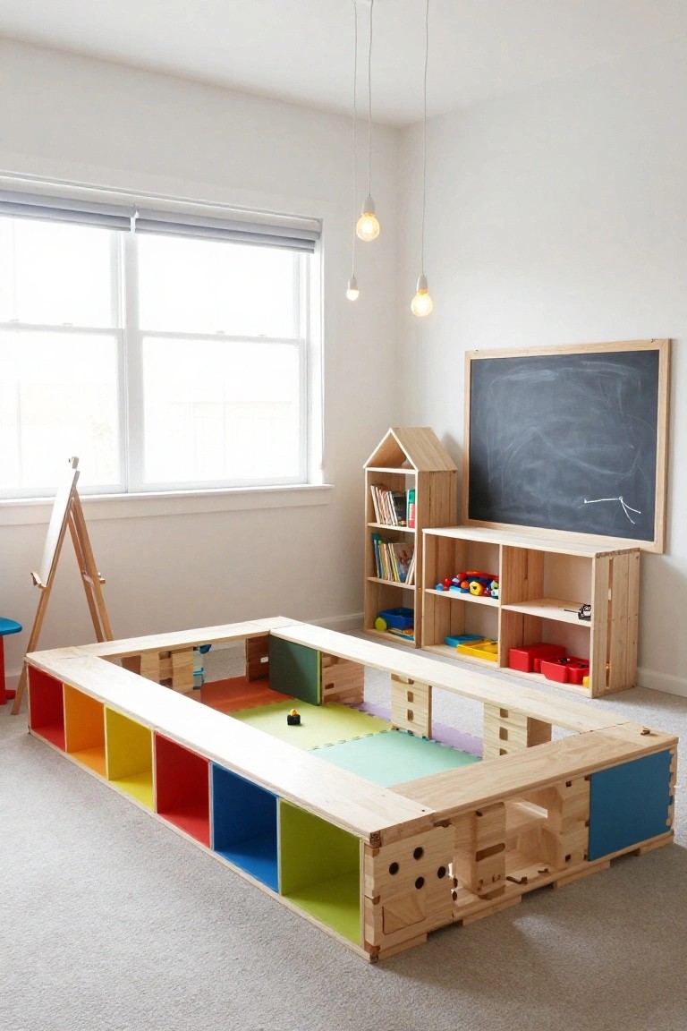 Children's playroom with a large rectangular wooden pallet play pit containing a foam play mat and toys, surrounded by colorful storage bins integrated into the structure, bookshelves, and an easel.