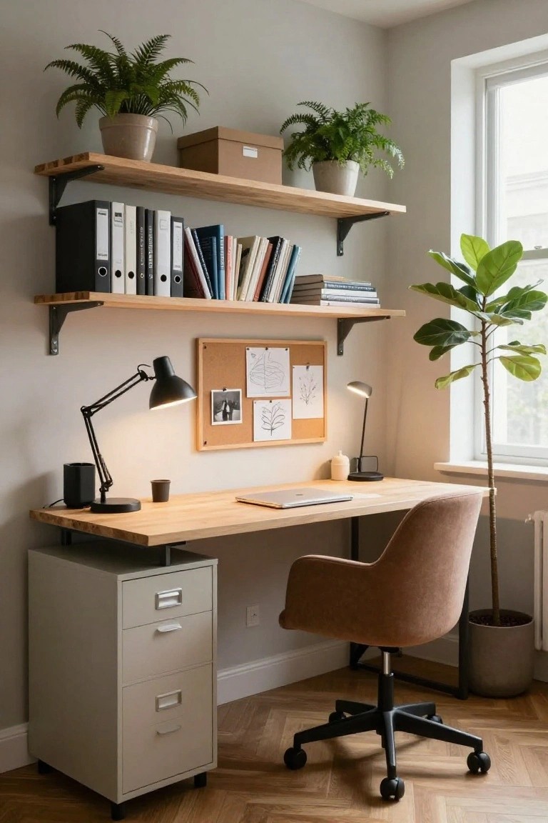 Modern home office corner with floating wooden shelves holding books, binders, and plants above a light wood desk, adjustable desk lamp, corkboard, metal filing cabinet, swivel chair, and large potted plants by the window.