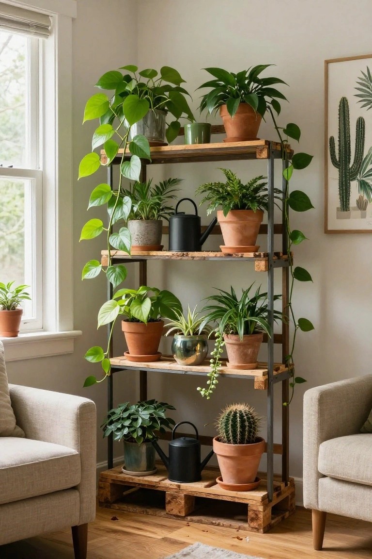 A tall wooden shelving unit made from pallets in a bright living room corner, displaying various potted houseplants including trailing vines, succulents, and a cactus, with two beige armchairs nearby and a window on one side.