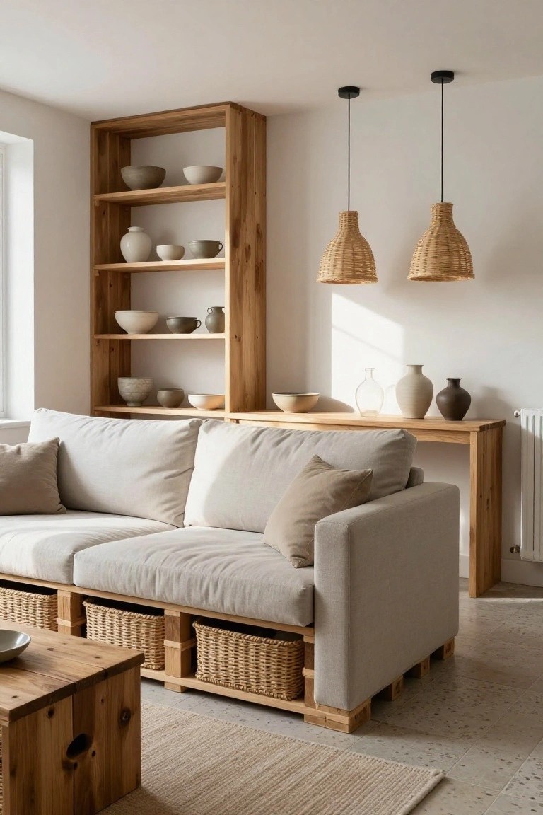 A beige linen sofa built on wooden pallets with wicker baskets stored underneath, next to wooden shelves displaying ceramic bowls and vases, rattan pendant lights hanging above, and a wooden coffee table in a light room with terrazzo flooring.