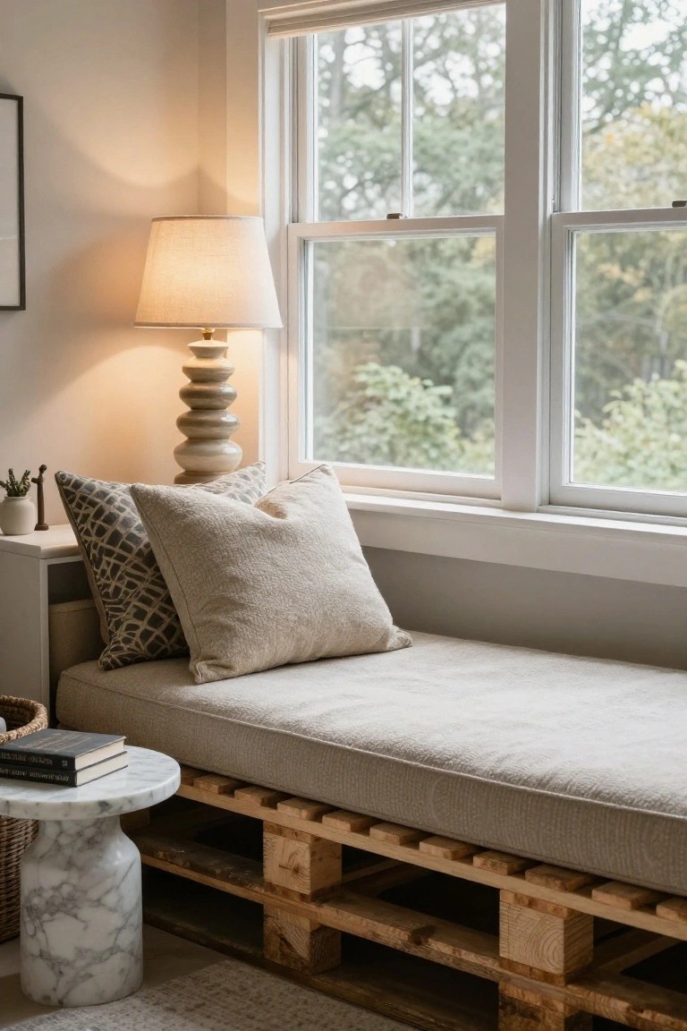 Cozy window seat with beige cushions, stacked wooden pallets, marble table, and lit lamp.