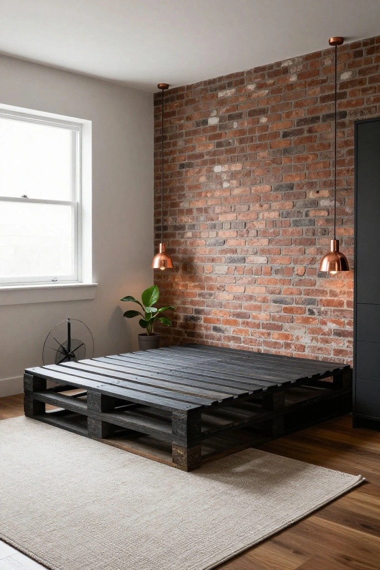 Modern bedroom interior with a low black pallet wood bed platform against an exposed brick wall, copper pendant lights hanging above, a potted green plant, a standing fan, and a light-colored rug on hardwood floors.