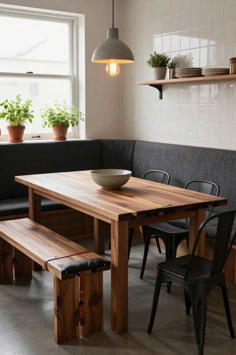 Corner booth seating in a white-tiled kitchen nook with wooden table and bench, gray cushions, black metal chairs, plants on windowsills and shelves, and a concrete pendant light overhead.