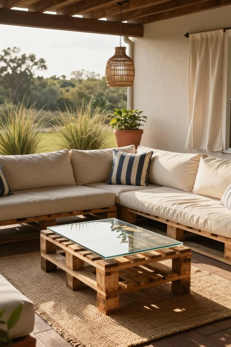 Covered outdoor patio with L-shaped beige sofa made from wooden pallets, glass-top coffee table on pallet base, potted plants, rattan hanging lantern, beige rug, and view of grasses and trees.