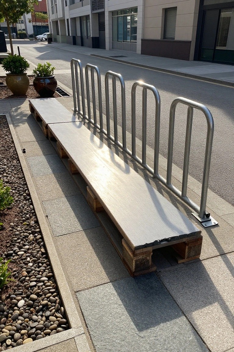A long bench constructed from wooden pallets with a light gray top surface positioned parallel to a row of U-shaped stainless steel bike racks on a paved sidewalk area bordered by plants in pots, gravel, and pebble mulch next to a street and modern buildings.