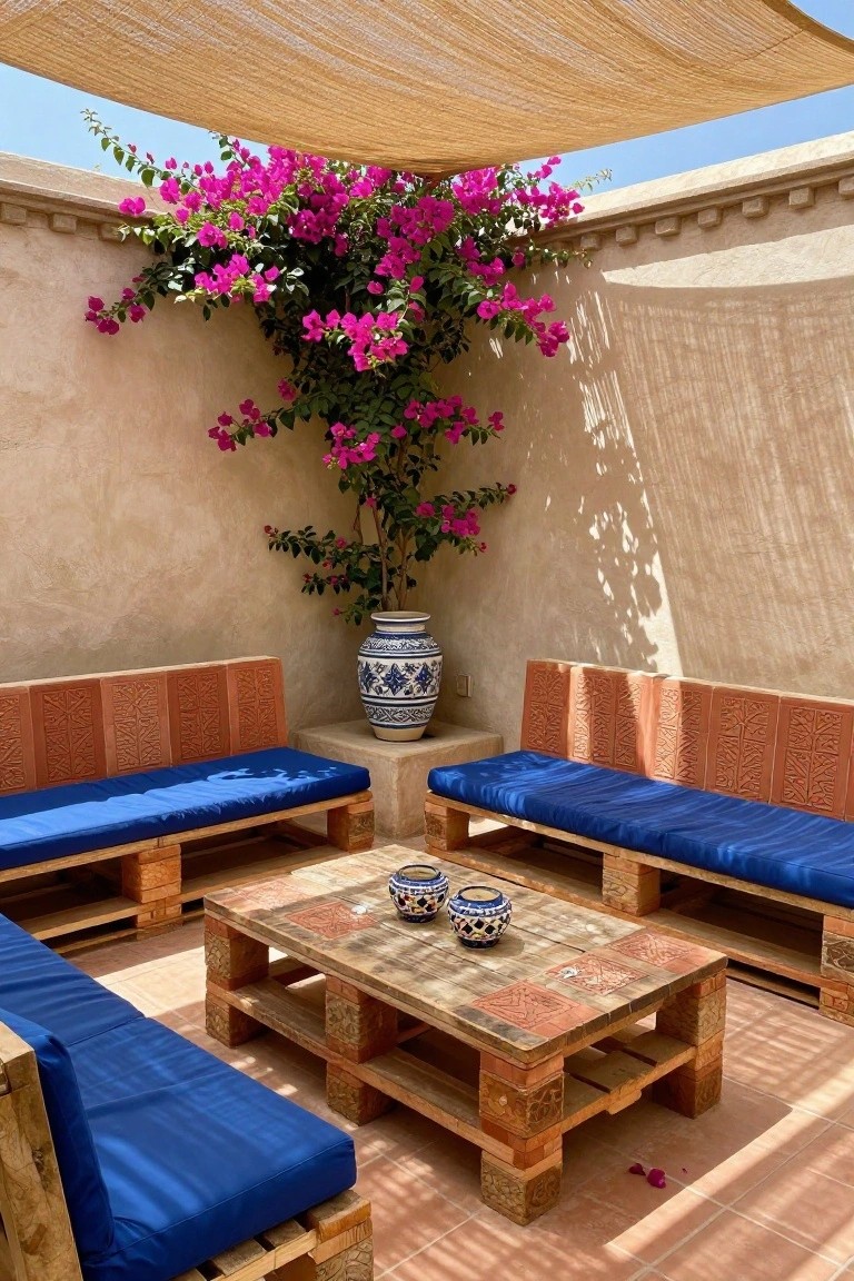 U-shaped outdoor seating with wooden pallet bases and blue cushions around a low pallet table in a courtyard with beige walls, pink bougainvillea vine, blue-and-white vase, and beige overhead canopy.