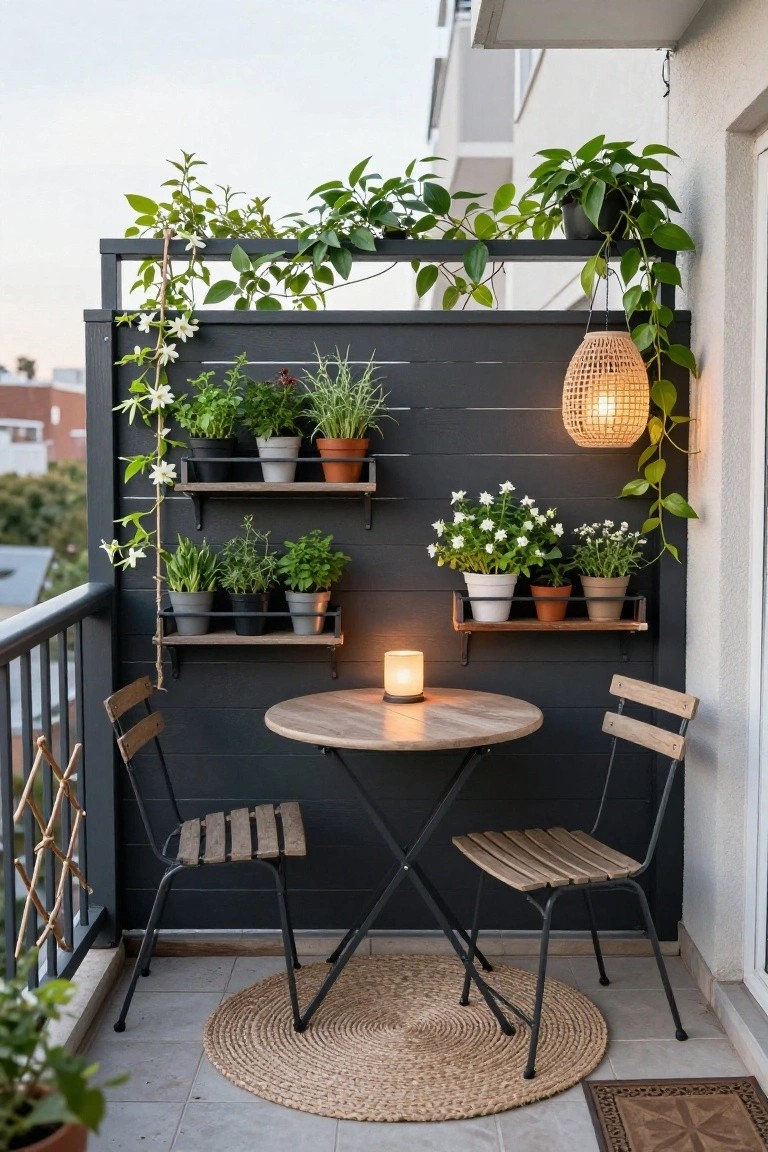Small balcony with black slatted wood privacy screen featuring two levels of shelves holding potted herbs and plants, round wooden table with two chairs on seagrass rug, hanging lantern, and city view beyond railing