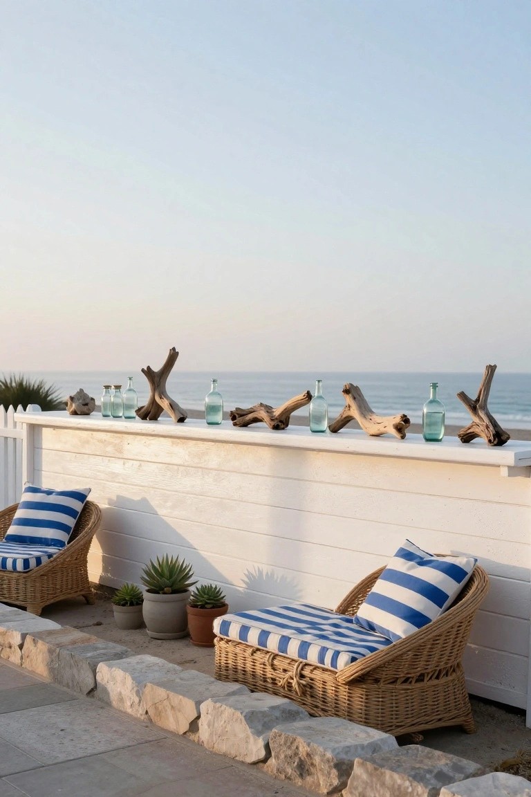 White slatted wooden fence topped with arranged driftwood branches, rocks, and green glass bottles overlooking the beach and ocean, blue striped cushions on wicker lounge chairs and potted succulents in foreground.