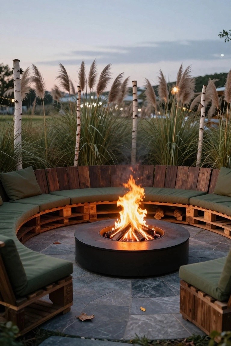Curved seating arrangement made from wooden pallets with green cushions surrounding a central black metal fire pit on a stone patio, backed by tall pampas grasses and birch poles at dusk.