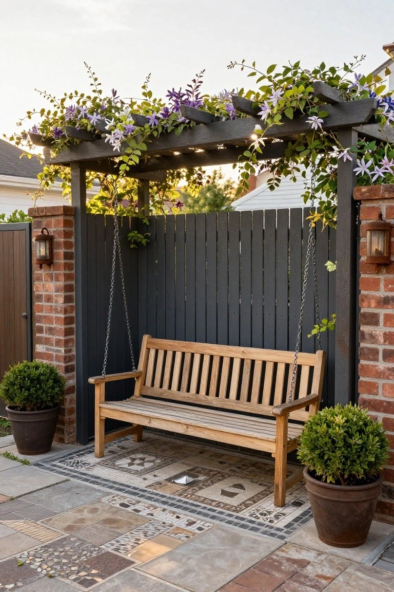 A wooden hanging bench swing under a vine-covered pergola against a tall dark slatted wooden fence between brick pillars, with potted shrubs on a patterned stone patio.