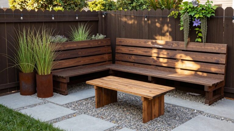 Wooden pallet bench positioned against a dark wooden picket fence strung with Edison bulb lights, flanked by potted ornamental grasses and boxwood in rusted metal containers on a gravel and concrete paver patio.