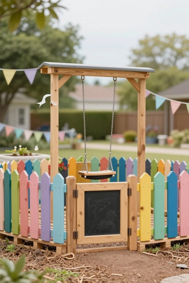 A circular colorful picket fence constructed from wooden pallets encloses a wooden swing set in a backyard, with a chalkboard gate, chain swing, and bunting flags visible.