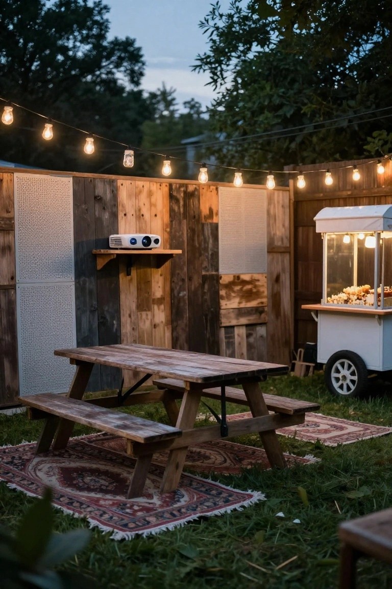 Backyard setup at dusk with a textured wooden pallet fence featuring a projector on a mounted shelf, string lights strung along the top, a wooden picnic table on patterned rugs, a popcorn cart, and grass surroundings.