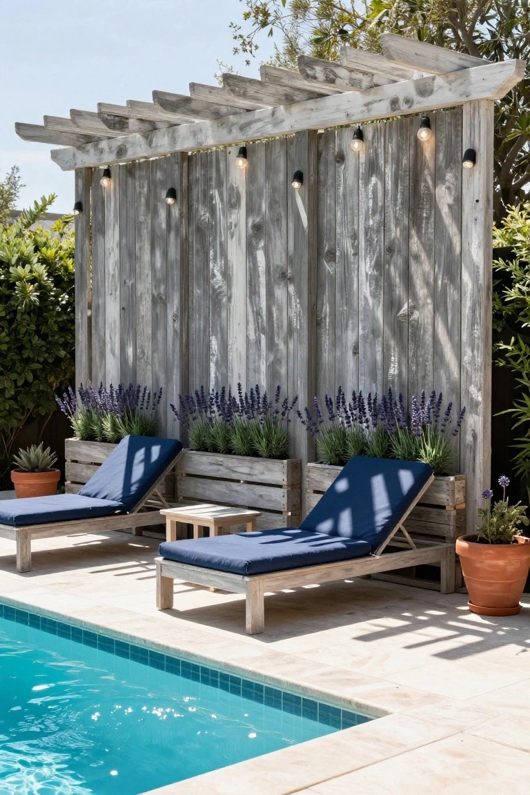 Two blue cushioned lounge chairs positioned against wooden crate planters filled with lavender plants next to a turquoise pool, backed by a tall gray weathered wood plank fence with overhead pergola, string lights, and surrounding potted plants.