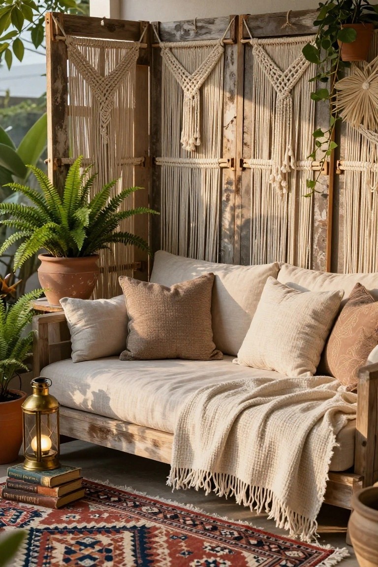Balcony seating area with wooden pallet screens draped in white macrame, a beige daybed with pillows and throw blanket, potted green plants, brass lantern, stacked books, and red patterned rug on tiled floor.
