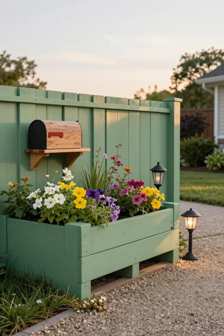 Green wooden pallet fence with a wooden mailbox mounted on a shelf, a matching planter box at the base filled with colorful flowers including yellow daisies and purple petunias, garden lanterns nearby, gravel path, and house in background.