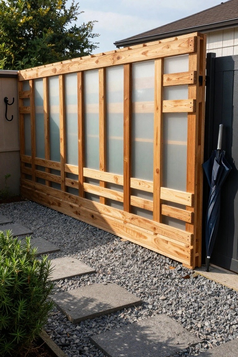 Tall wooden pallet-constructed fence with vertical slats and frosted translucent panels forming a gate next to a gray garage door, set on gravel ground with stone pavers and small shrubs nearby.