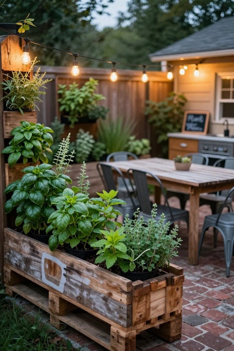 Wooden pallet repurposed as a raised planter box filled with basil, mint, and other herbs next to a wooden outdoor dining table with metal chairs on a brick patio, string lights overhead, wooden fence, and small outdoor kitchen nearby.