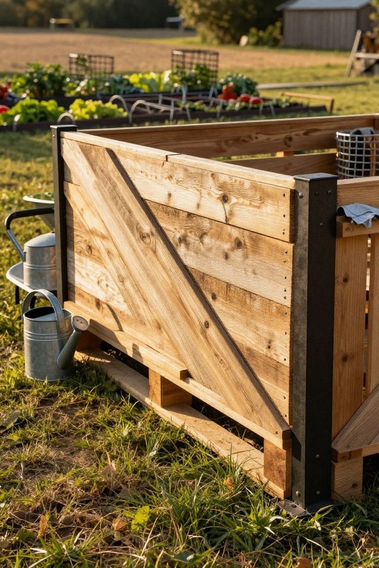 Wooden raised garden bed made from rough pallet planks with black metal corner braces, filled with green vegetables and plants, two metal watering cans nearby, set in grassy yard with additional garden beds and rural background.