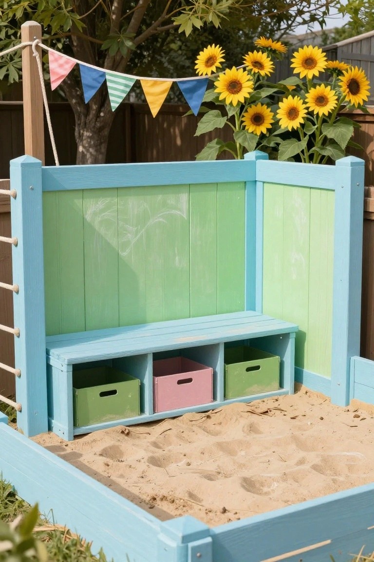 Wooden sandbox enclosure painted blue and green with integrated bench, three colorful storage bins, climbing rope ladder, surrounded by garden plants, sunflowers, and bunting flags.