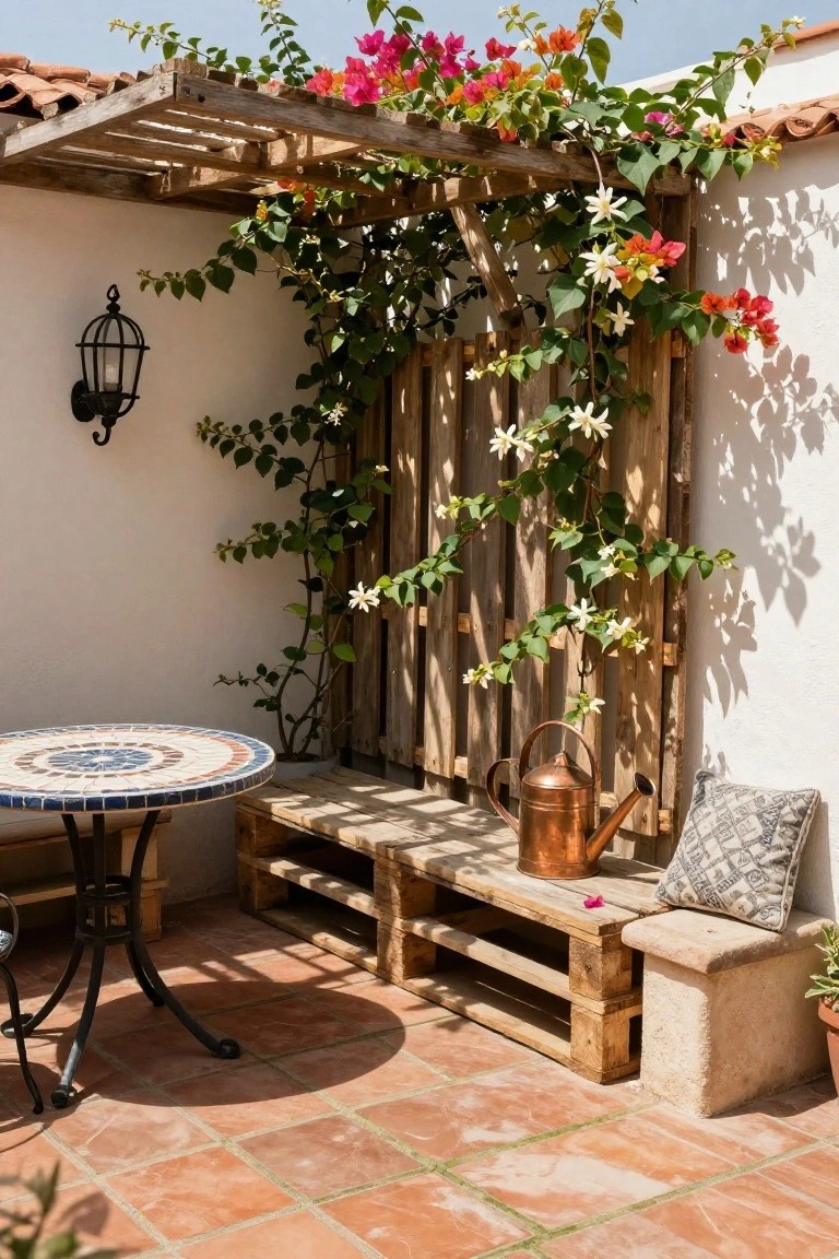 Small outdoor patio with terracotta tile floor, round mosaic table on metal stand, copper watering can on wooden pallet bench, pallet trellis fence covered in pink bougainvillea and white jasmine vines against white wall, wall lantern, and potted plants.