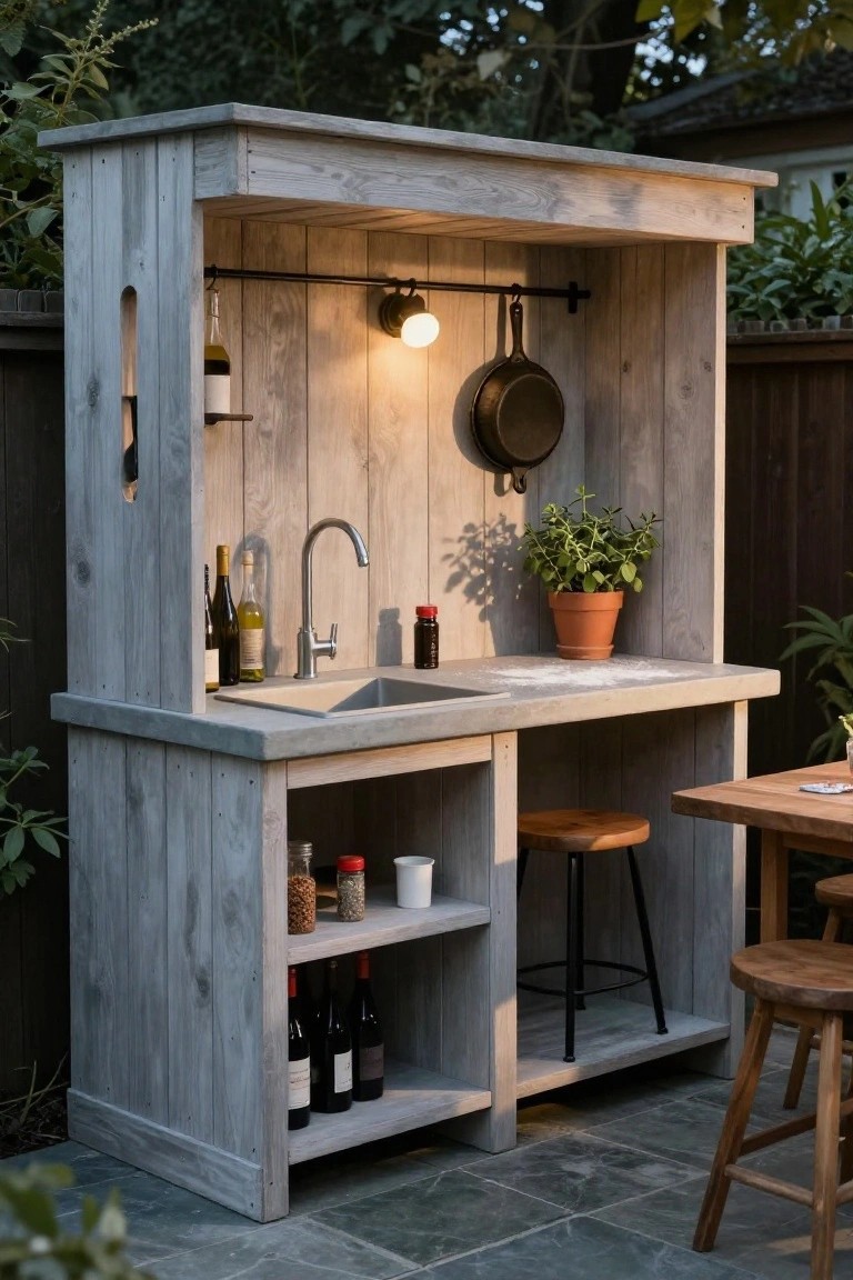 Gray weathered wooden outdoor kitchen structure with sink, faucet, hanging pan, shelves holding bottles jars spices, potted plant, bar stools, and adjacent wooden table on stone patio against backyard fence.