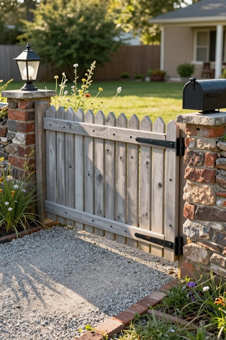 Weathered gray wooden picket gate with pointed tops between brick and stone pillars on stone bases, black metal hinges, gravel path leading through, surrounded by low plants and flowers, with a beige house and black mailbox in the background.