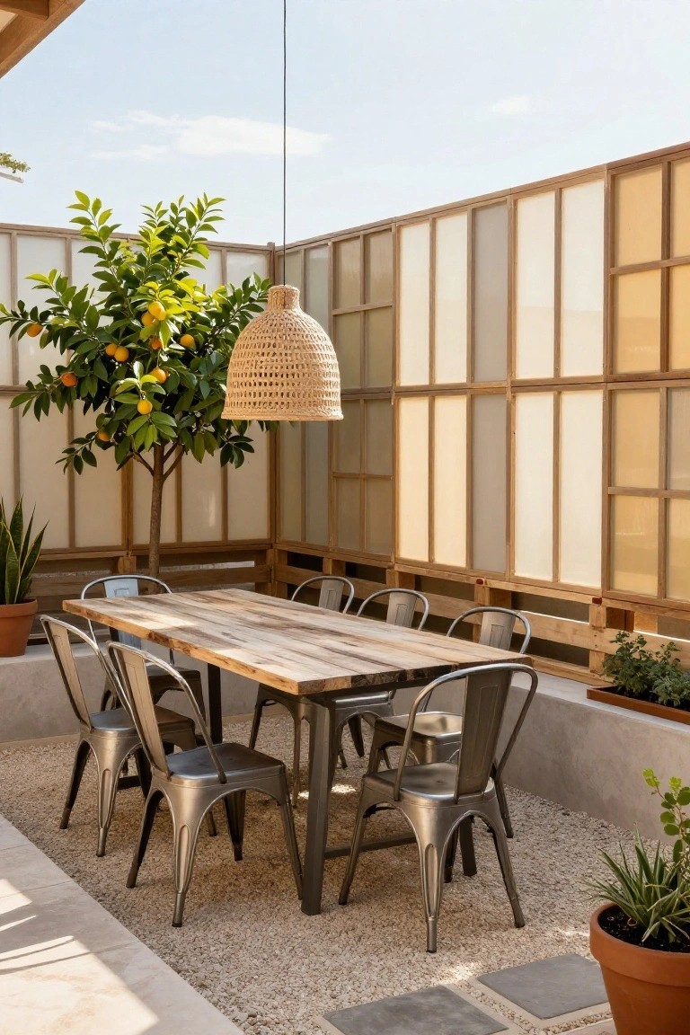Outdoor dining setup on gravel with long wooden table and metal chairs, surrounded by tall wooden slatted fence panels, orange tree, pendant light, and potted plants against rendered walls.