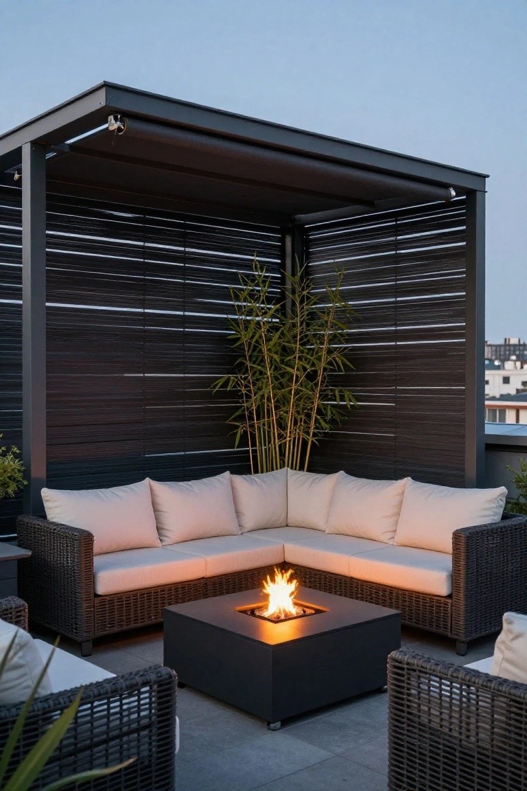 Rooftop terrace lounge with beige wicker L-shaped sofa and chairs around a black square fire table, enclosed by dark horizontal slat screens, bamboo plants, and a metal pergola structure on gray tiled flooring.