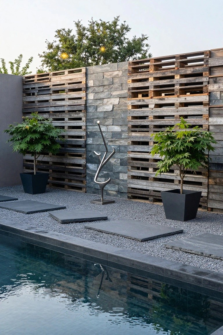 Poolside outdoor area featuring stacked wooden pallet fencing beside a gray stone wall, two potted green plants, a curved metal sculpture on gravel ground with dark stone pavers and a rectangular pool edge.